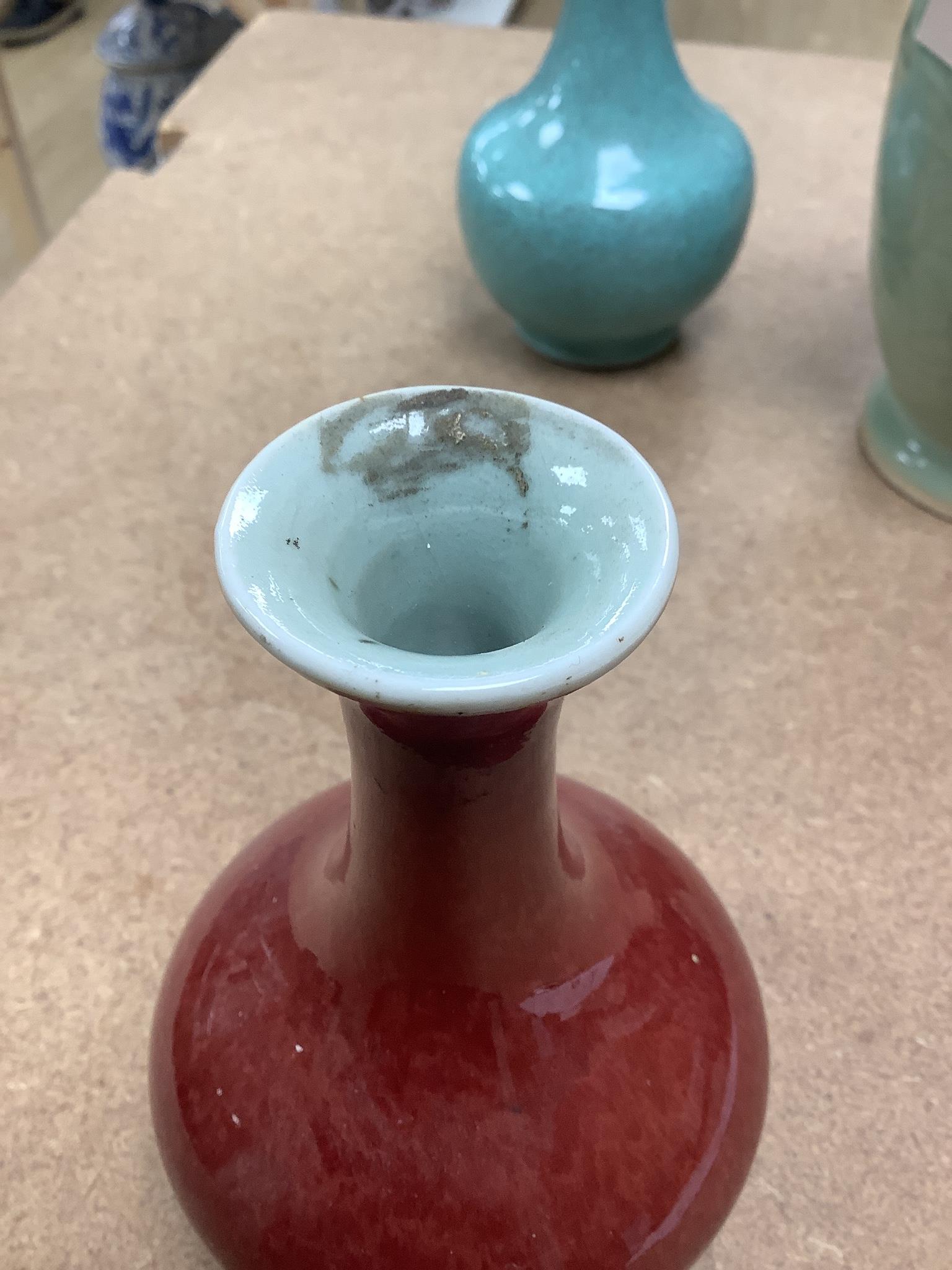 Three 19th Chinese monochrome glazed vases, with sang de boeuf, celadon and turquoise crackle glaze, tallest 21 cm